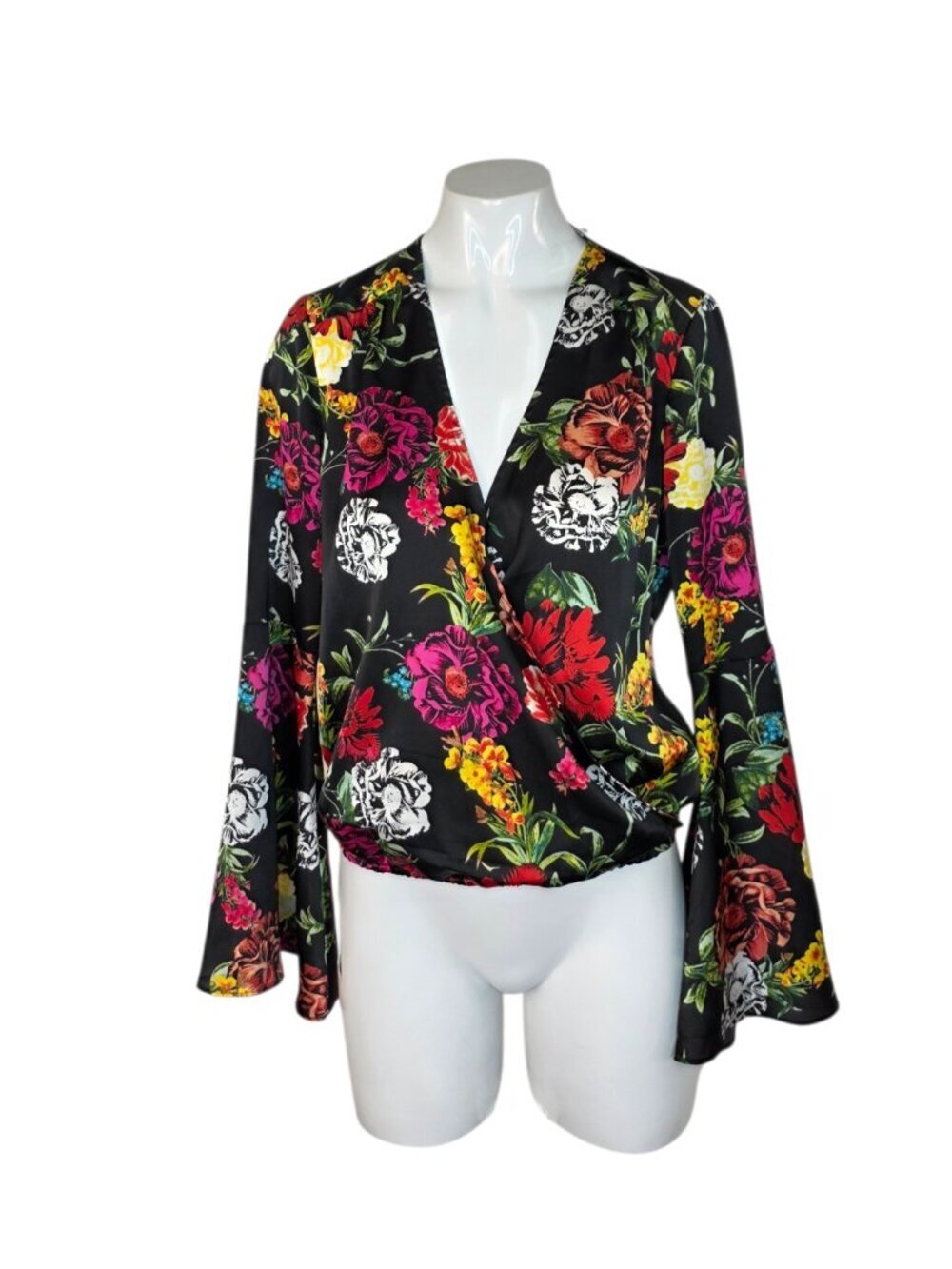 Guess Tia Surplice Bell Sleeve Blouse, V-Neck, Floral, Long Sleeve, Size XS